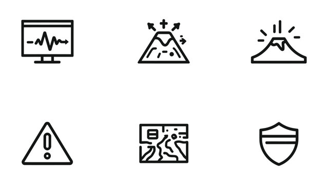 Iconic Symbols of Natural Science: A set of six meticulously crafted icons symbolizing aspects of natural science, from seismographs to volcanic eruptions and protective measures.