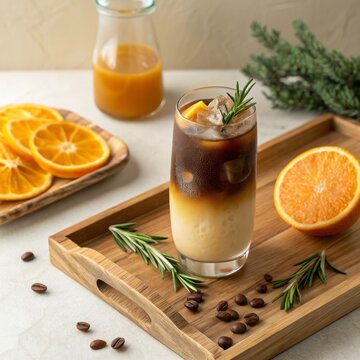 Refreshing Layered Coffee Drink with Cream, Oranges and Coffee Beans on Wooden Tray