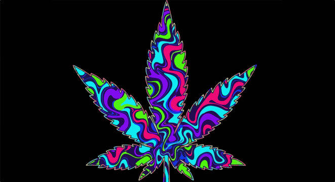 Psychedelic cannabis leaf in vibrant, wavy patterns