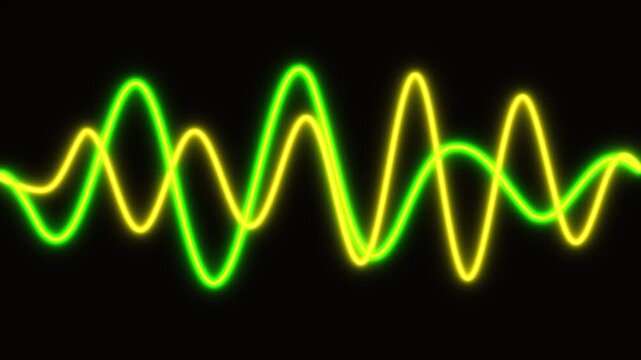 Animated green and yellow neon sine waves glowing and oscillating smoothly on a black background for abstract music visualization or scientific technology backgrounds
