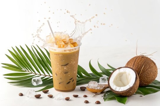 Refreshing Coconut Coffee Drink with Splash and Ice on Tropical Background