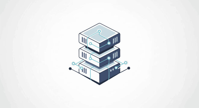 Stacked server racks with digital connections on white background