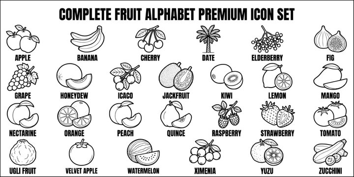 A to Z fruits and alphabet learning line art icon set