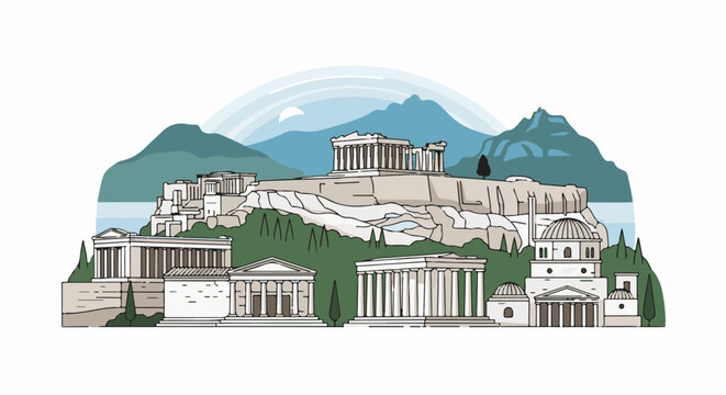 Stylized ancient Greek structures with mountains and water in background