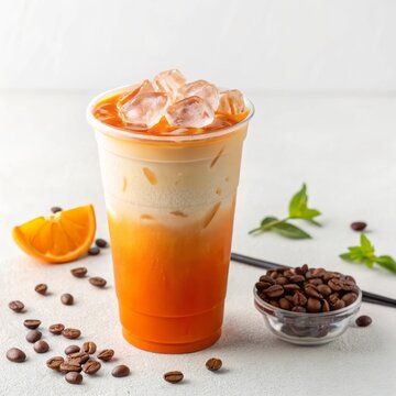 Refreshing Iced Citrus Drink Topped with Cream and Coffee Beans in Bright Setting