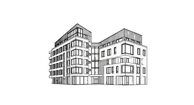 Sketch of a modern multi-story building with angled rooflines and large windows