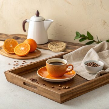 Warm Coffee and Fresh Orange on Wooden Tray with Teapot and Natural Decor Elements