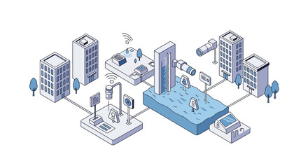 Fototapeta premium Smart City Water Management and Flood Monitoring Isometric Illustration with IoT Sensor Network and Urban Infrastructure