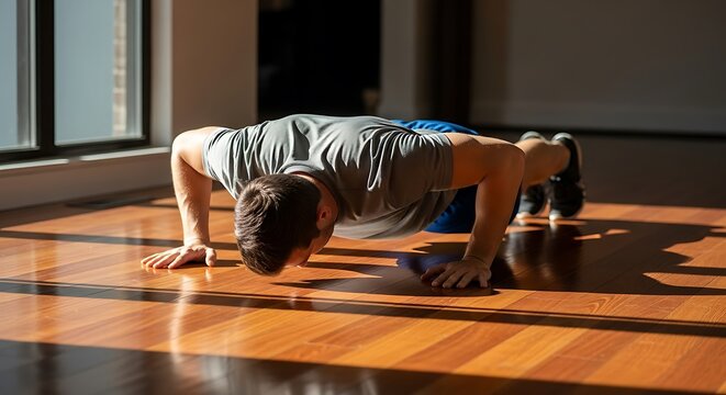 Man doing push-ups in a room.