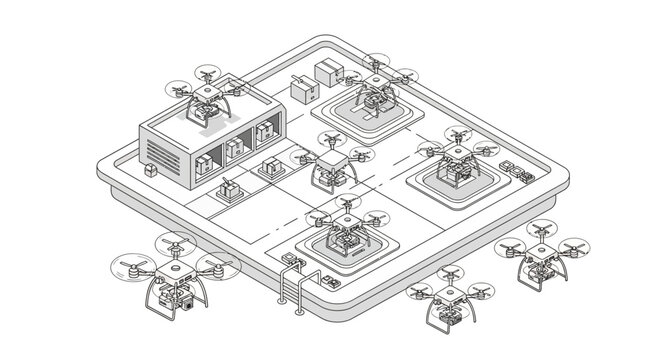 Isometric Line Art Illustration of an Automated Drone Delivery Hub and Logistics Center with Cargo Quadcopters