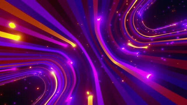 A captivating seamless 4k VJ loop featuring an infinite deformed torus with symmetrical neon lines in purple and orange colors for VJ sets, high-tech club visuals,  music festivals, stage  screens