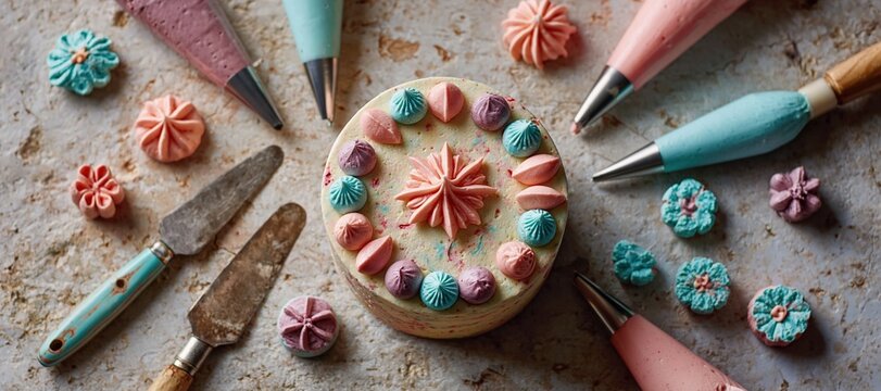 Handmade cake surrounded by pastel buttercream piping bags, palette knives, and flower - shaped fros