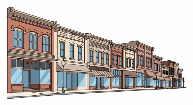 Old-fashioned storefronts line a street with awnings, windows, and streetlights