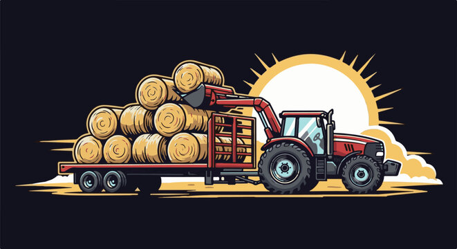Red tractor loads hay bales onto trailer under a bright sun