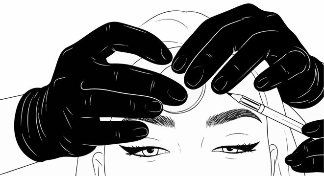 Close-up of a person's face as hands in gloves shape eyebrows with a pencil