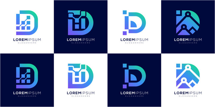 Collections of Letter D Tech Logo Template. Modern Data Analytics and Network Elements. Geometric abstract vector icon symbol gradient.