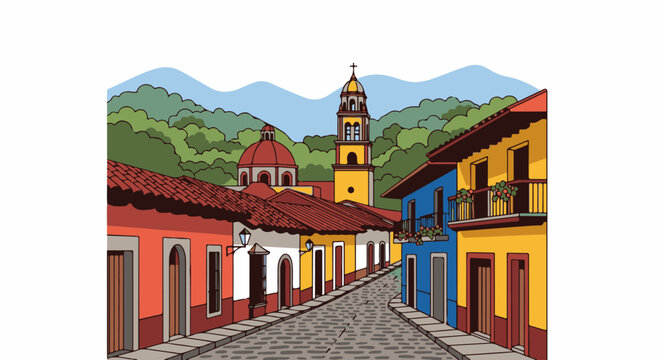 Colorful colonial street scene with church and lush hills