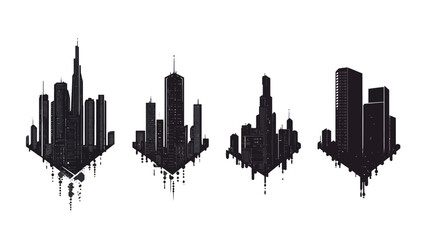 Fototapeta premium Stylized, abstract ink silhouettes of city skylines, with geometric drip-like elements