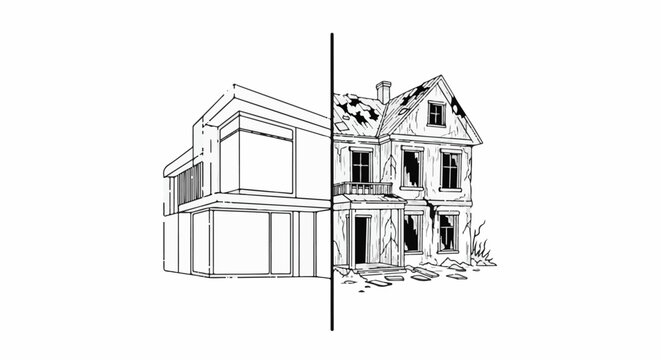 A stark contrast is shown between a modern house and a decaying, old house