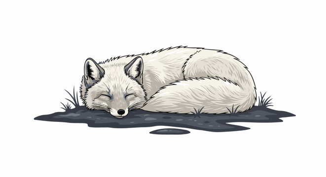 A pixel art illustration of a white fox curled up sleeping on dark ground