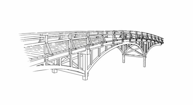 Black and white line drawing of a wooden arch pedestrian bridge with railings