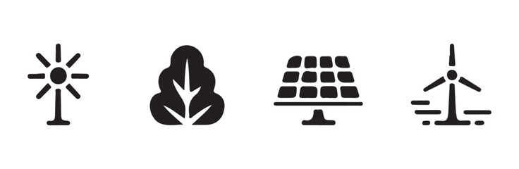 Renewable energy icons including solar panel, wind turbine, and leaf symbol on white background © MST