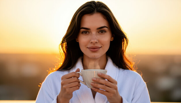 A woman in a white robe holds a cup as she enjoys a sunrise. The sunrise illuminates her face, creating a tranquil atmosphere around the woman with the cup.