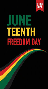 Graphic banner with green, yellow, red text and curved stripes on a black background, representing Juneteenth Freedom Day and African heritage