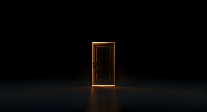 Glowing light around a closed wooden door in a dark room, hope and mystery concept