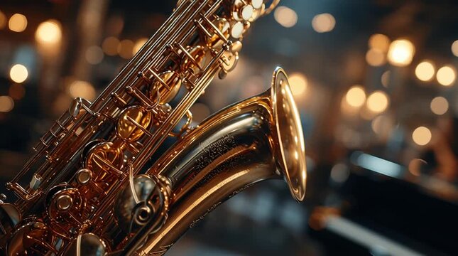 Golden Saxophone in Melodic Symphony: A close-up shot of a gleaming gold saxophone, reflecting the soft glow of surrounding lights, evokes the rich tones of musical harmony. This instrument.