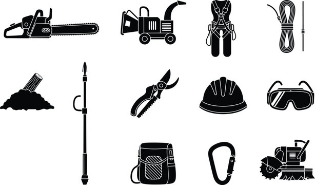 Collection of black and white icons representing various arboriculture and tree care equipment