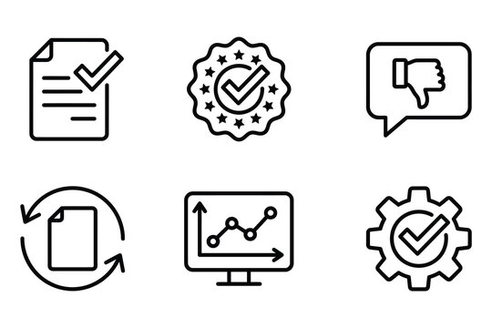 Set of six business quality and management line icons featuring documents approval performance tracking business document
