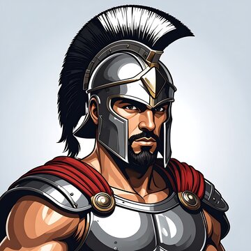 A muscular man with a beard wearing a roman helmet