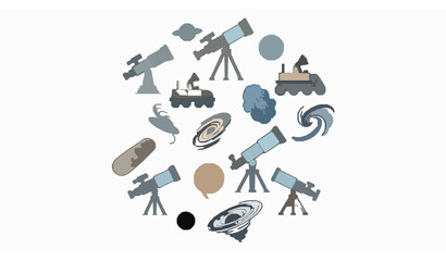 Minimal Line Telescope and Space Icon Set in Circular Layout with Rover Nebula Galaxy and Astronomy Symbols © BijoyChandra