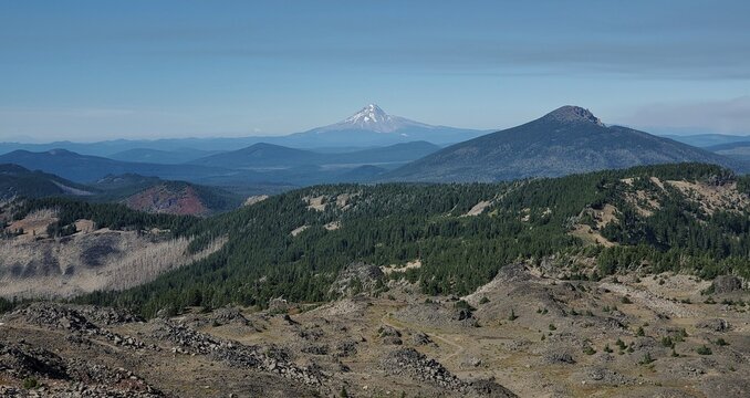 Expansive View of Mount Hood Rising Above the Blue Horizon of the Oregon Cascades and the Mount Jefferson Wilderness