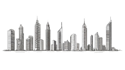 Obraz premium Black and white illustration of a city skyline with various tall buildings