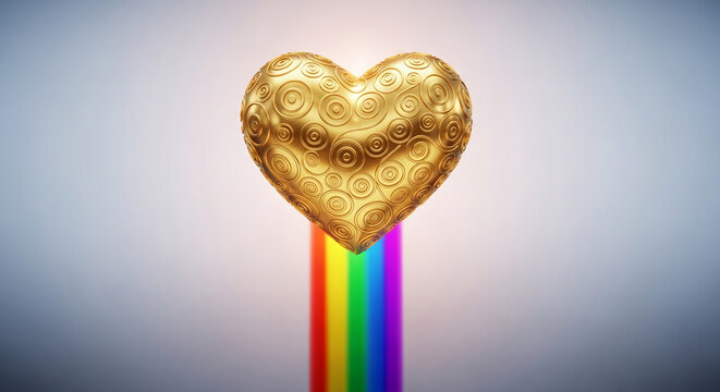 Gold heart with spiral pattern atop a rainbow stripe, against a gradient background, representing love, pride, support, and celebratory themes