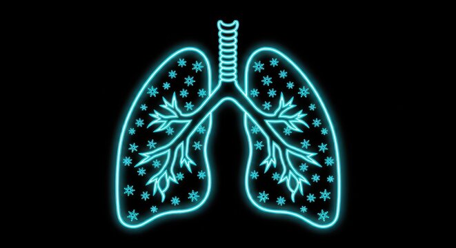 Neon glowing human lungs icon with snowflakes inside on a black background