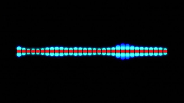 Animated multi-colored glowing audio equalizer visualization with red and blue vertical bars reacting to music levels on a black background for club videos