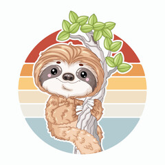 Fototapeta premium Retro Sunset Sloth Climbing Tree Front View Vector Illustration for POD Merch