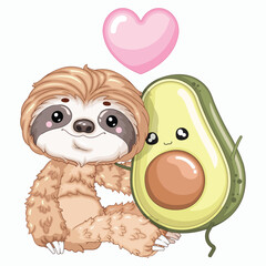 Fototapeta premium Cartoon Sloth and Avocado Front View Vector Illustration for POD Merch