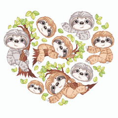Fototapeta premium Cartoon Sloth Pattern Heart Shape Front View Vector Illustration for POD Merch