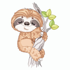 Fototapeta premium Cute Sleeping Sloth on Tree Branch Flat Vector Illustration