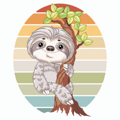 Fototapeta premium Retro Sunset Sloth Climbing Tree Profile Vector Illustration