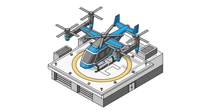Futuristic Isometric Air Taxi VTOL Aircraft on Vertiport Helipad, Urban Air Mobility Concept Illustration for Modern City Transportation Technology