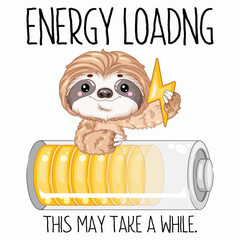 Fototapeta premium Cute Sloth Charging Battery Front View Vector Illustration for Digital Stickers