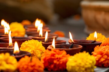 Fototapeta premium Bright Lights Shine From Clay Lamps Surrounded by Marigold Flowers at a Festive Celebration in a Garden