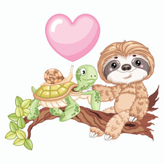 Fototapeta premium Sloth Turtle and Snail Side View Vector Illustration for Nursery Decor
