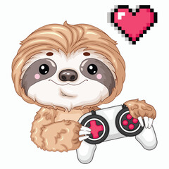 Fototapeta premium Kawaii Sloth Gaming with Controller Front View Vector Illustration