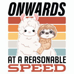 Fototapeta premium Retro Llama and Sloth Onwards Slogan Front View Vector Illustration